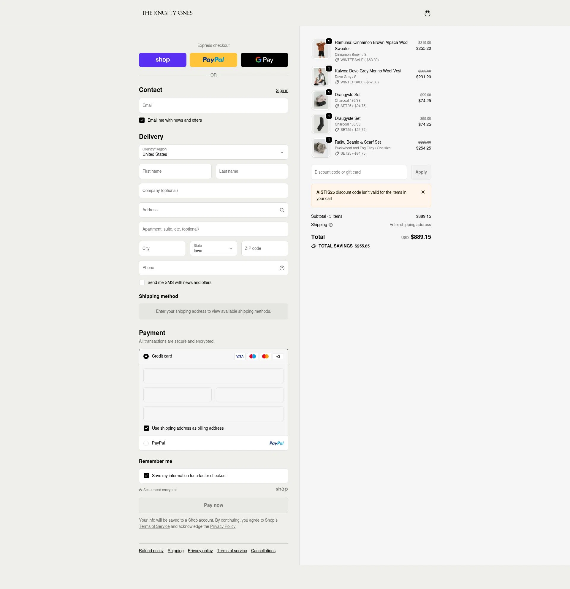 The Knotty Ones checkout page showing The Knotty Ones discount code box | Screenshot taken by SimplyCodes community member on Dec 24, 2025