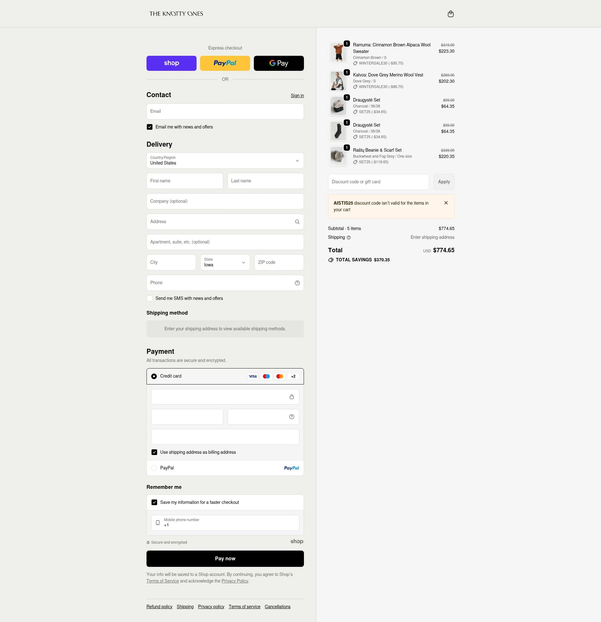 The Knotty Ones checkout page showing The Knotty Ones discount code box | Screenshot taken by SimplyCodes community member on Dec 29, 2025