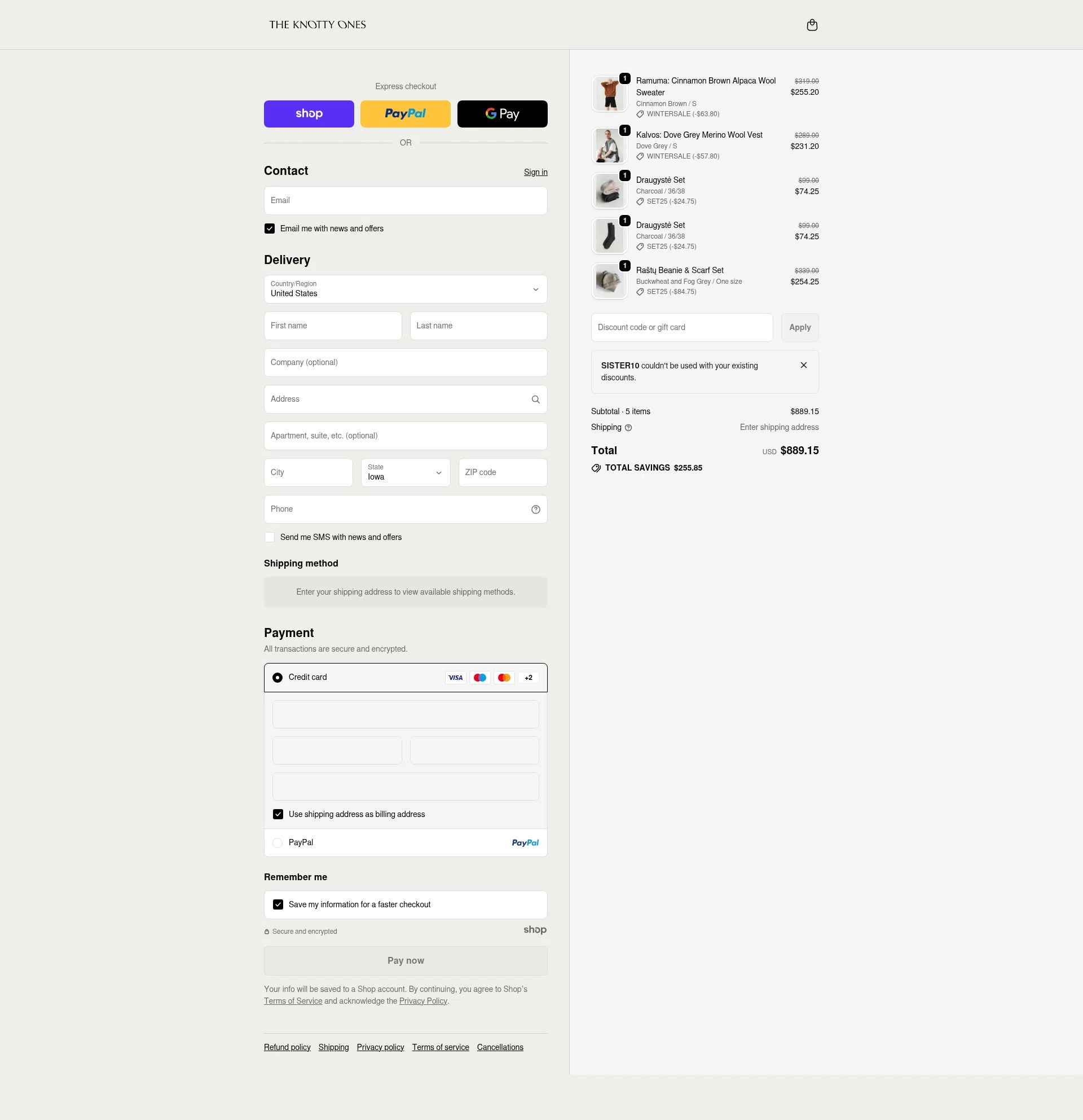 The Knotty Ones checkout page showing The Knotty Ones discount code box | Screenshot taken by SimplyCodes community member on Dec 24, 2025
