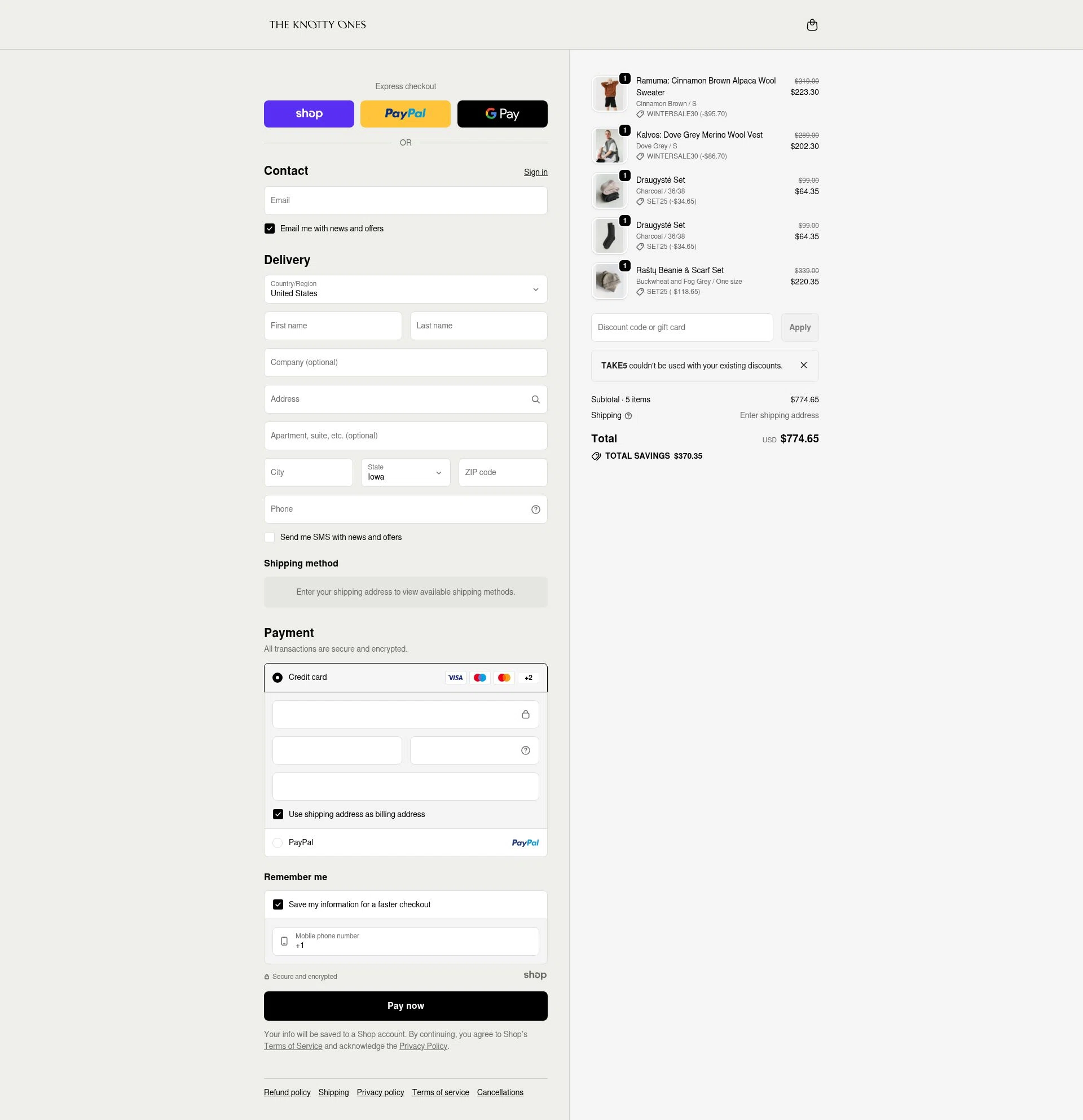 The Knotty Ones checkout page showing The Knotty Ones discount code box | Screenshot taken by SimplyCodes community member on Dec 29, 2025