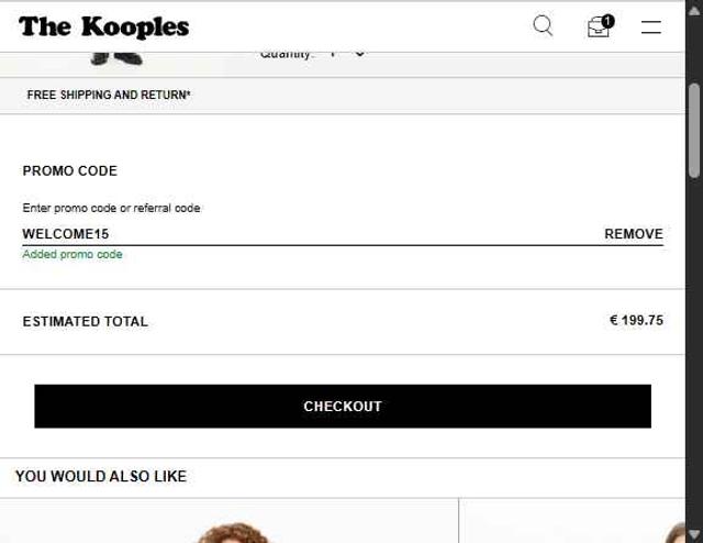 The Kooples checkout page showing The Kooples promo code box | Screenshot taken by SimplyCodes community member on Sep 9, 2025
