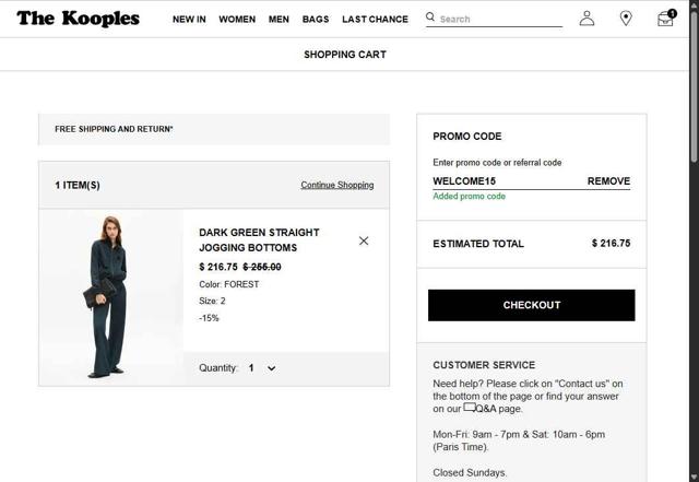 The Kooples checkout page showing The Kooples promo code box | Screenshot taken by SimplyCodes community member on Aug 31, 2025