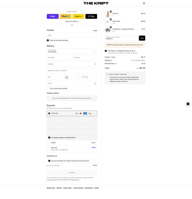 The Kript checkout page showing The Kript discount code box | Screenshot taken by SimplyCodes community member on Sep 6, 2025