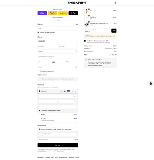 The Kript checkout page showing The Kript discount code box | Screenshot taken by SimplyCodes community member on Sep 6, 2025