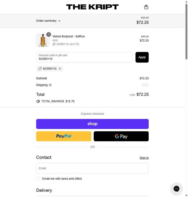 The Kript checkout page showing The Kript discount code box | Screenshot taken by SimplyCodes community member on Sep 12, 2025