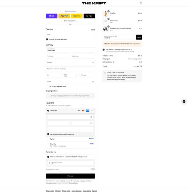 The Kript checkout page showing The Kript discount code box | Screenshot taken by SimplyCodes community member on Sep 10, 2025