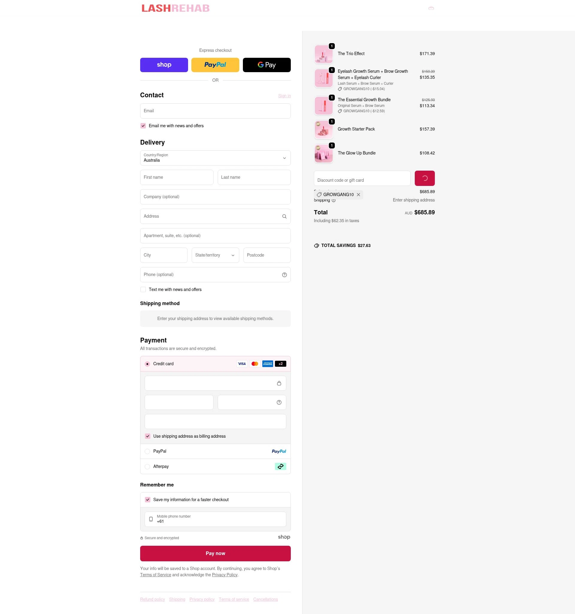 The Lash Rehab checkout page showing The Lash Rehab promo code box | Screenshot taken by SimplyCodes community member on Dec 31, 2025