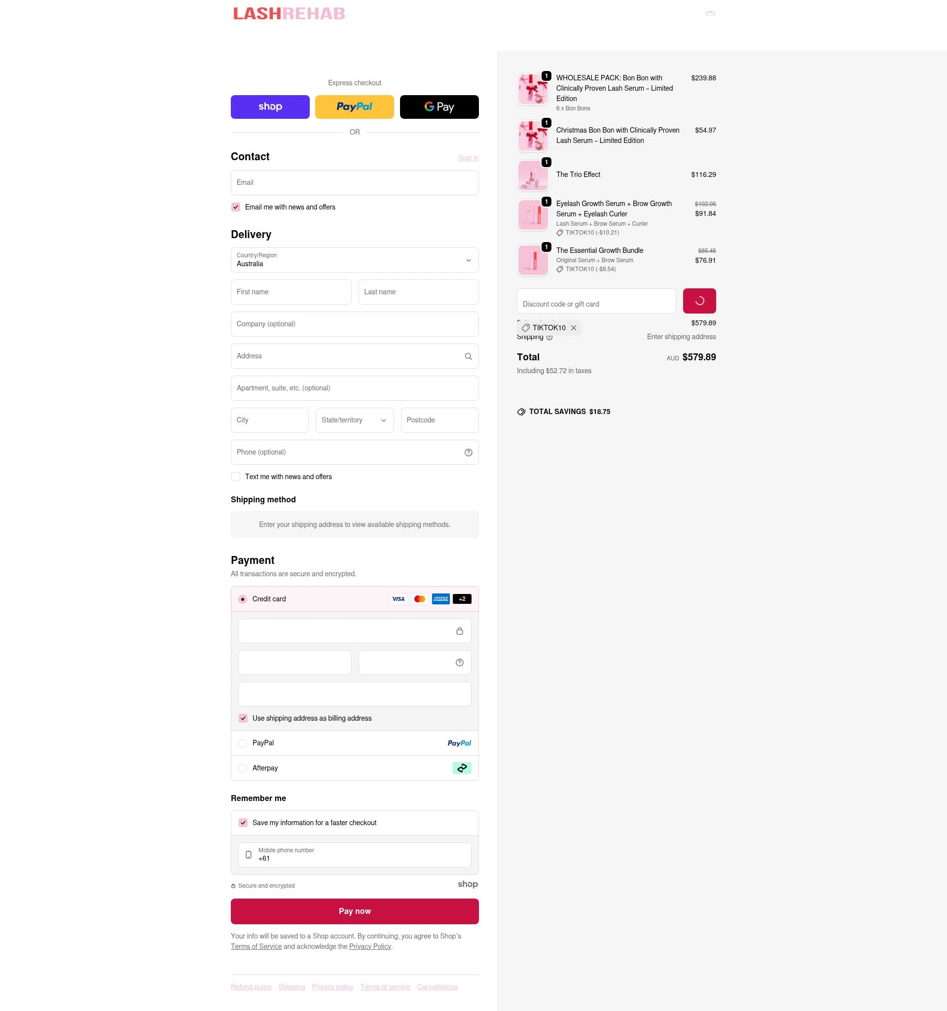 The Lash Rehab checkout page showing The Lash Rehab promo code box | Screenshot taken by SimplyCodes community member on Dec 26, 2025