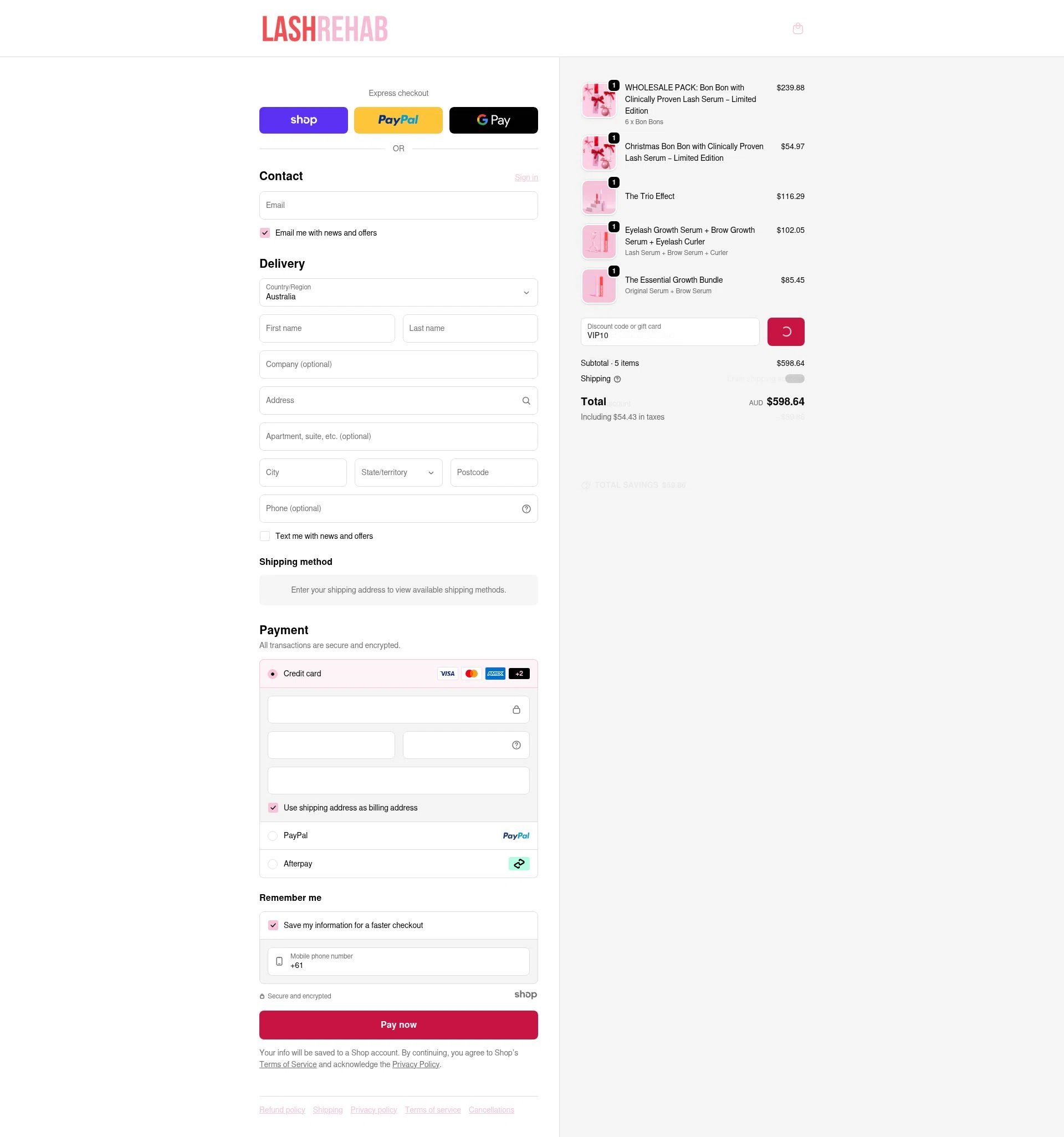 The Lash Rehab checkout page showing The Lash Rehab promo code box | Screenshot taken by SimplyCodes community member on Dec 26, 2025