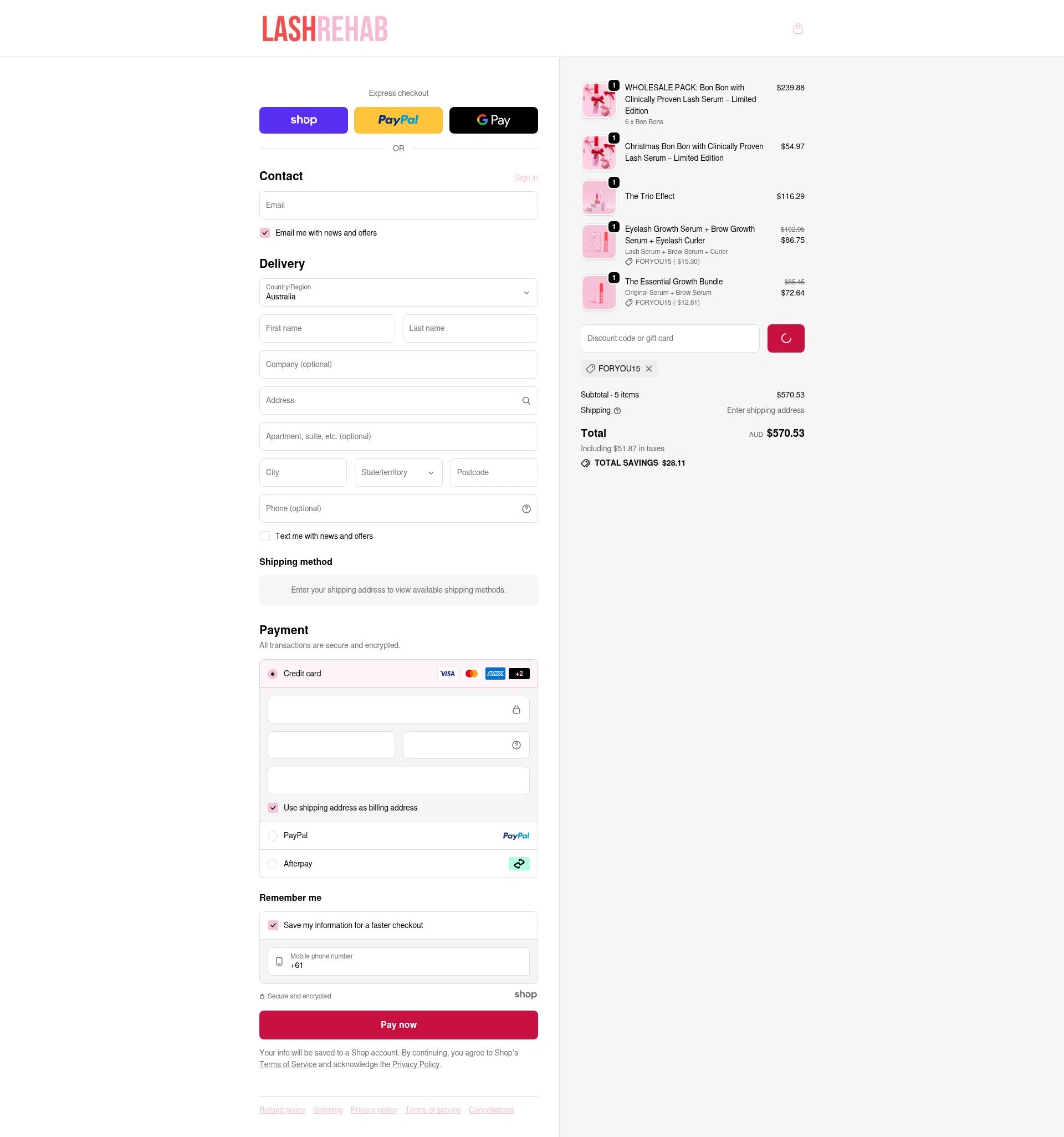 The Lash Rehab checkout page showing The Lash Rehab promo code box | Screenshot taken by SimplyCodes community member on Dec 26, 2025