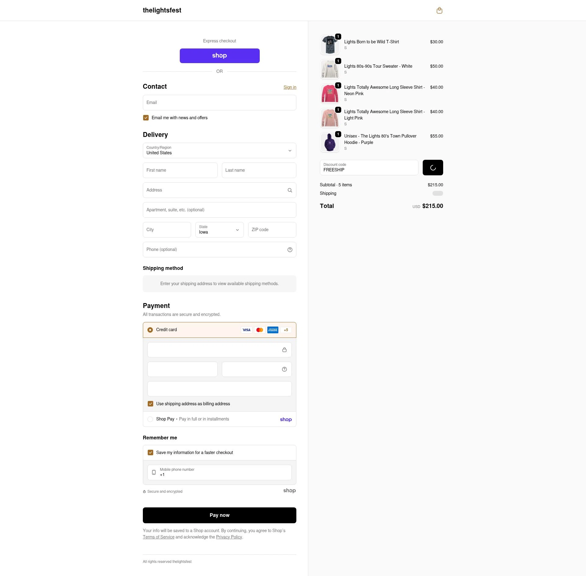 The Lights Fest checkout page showing The Lights Fest promo code box | Screenshot taken by SimplyCodes community member on Jan 29, 2026