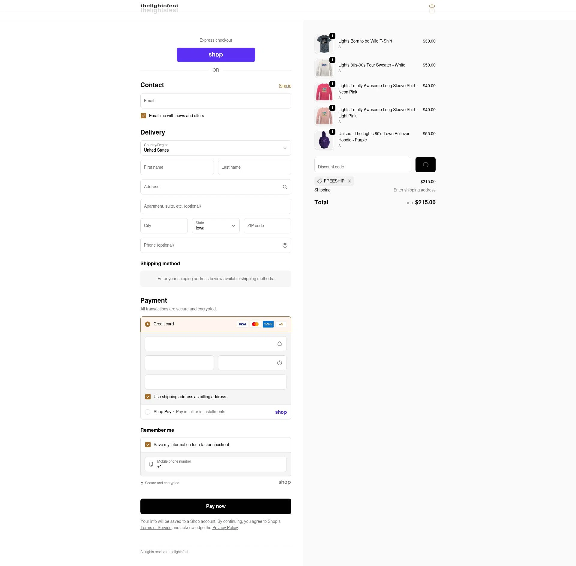 The Lights Fest checkout page showing The Lights Fest promo code box | Screenshot taken by SimplyCodes community member on Jan 24, 2026