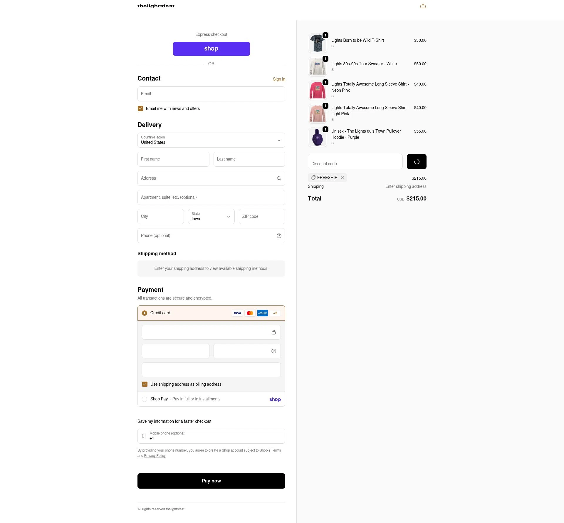The Lights Fest checkout page showing The Lights Fest promo code box | Screenshot taken by SimplyCodes community member on Feb 2, 2026
