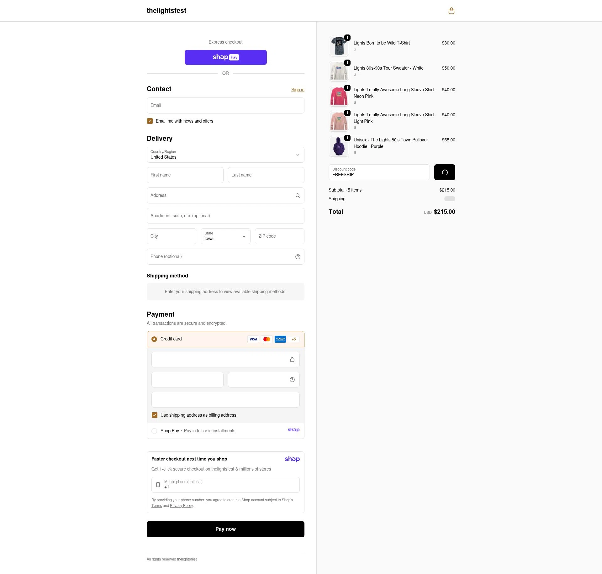The Lights Fest checkout page showing The Lights Fest promo code box | Screenshot taken by SimplyCodes community member on Jan 9, 2026