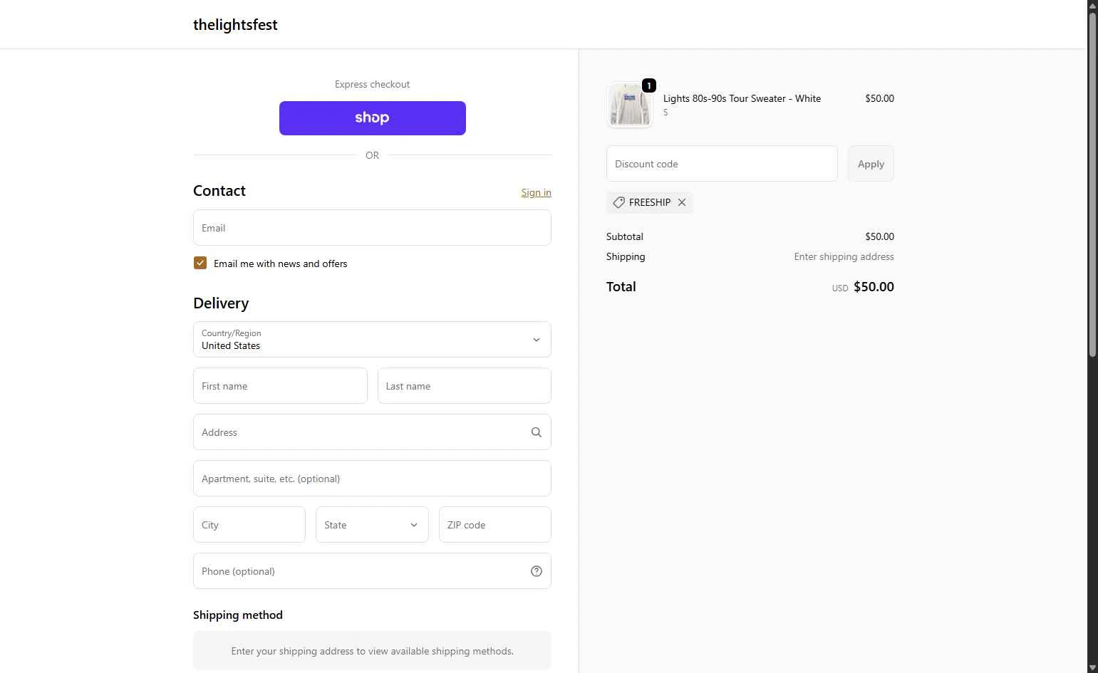 The Lights Fest checkout page showing The Lights Fest promo code box | Screenshot taken by SimplyCodes community member on Feb 11, 2026