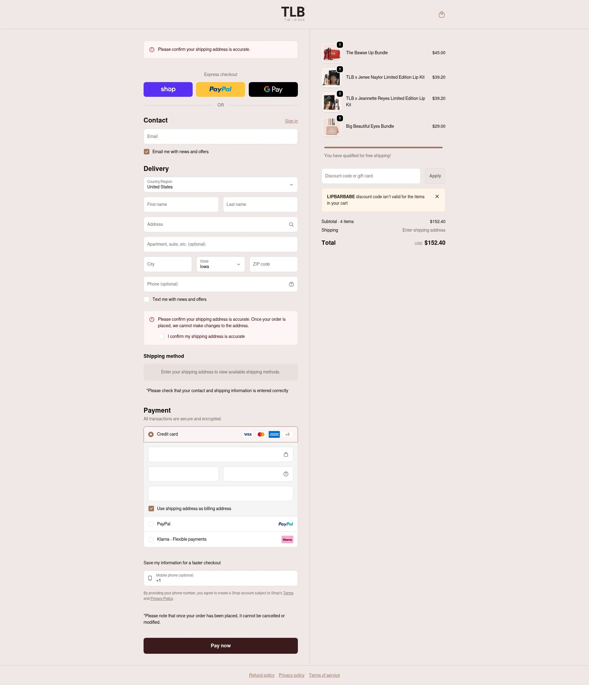 The Lip Bar checkout page showing The Lip Bar discount code box | Screenshot taken by SimplyCodes community member on Feb 6, 2026