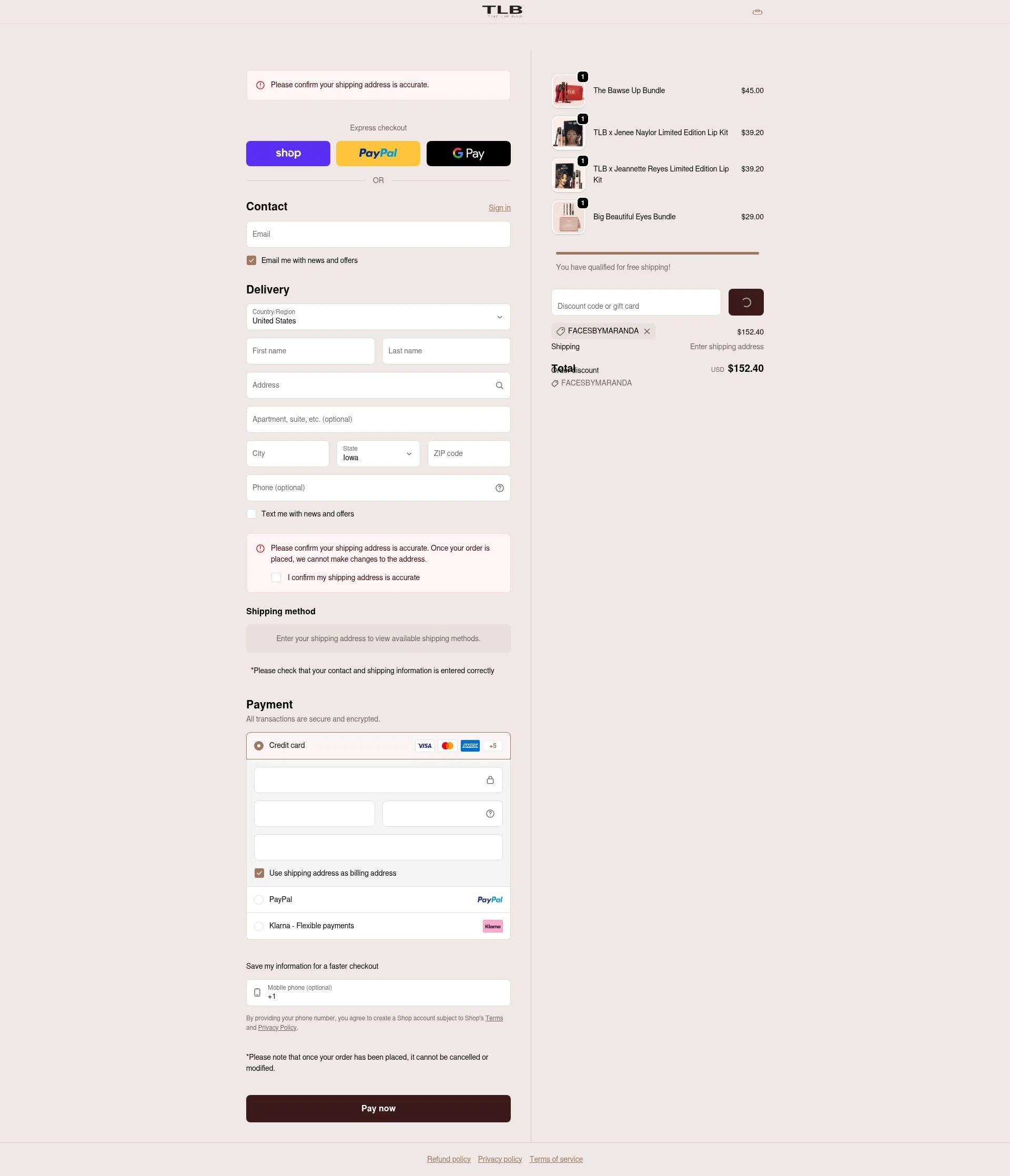 The Lip Bar checkout page showing The Lip Bar discount code box | Screenshot taken by SimplyCodes community member on Feb 6, 2026