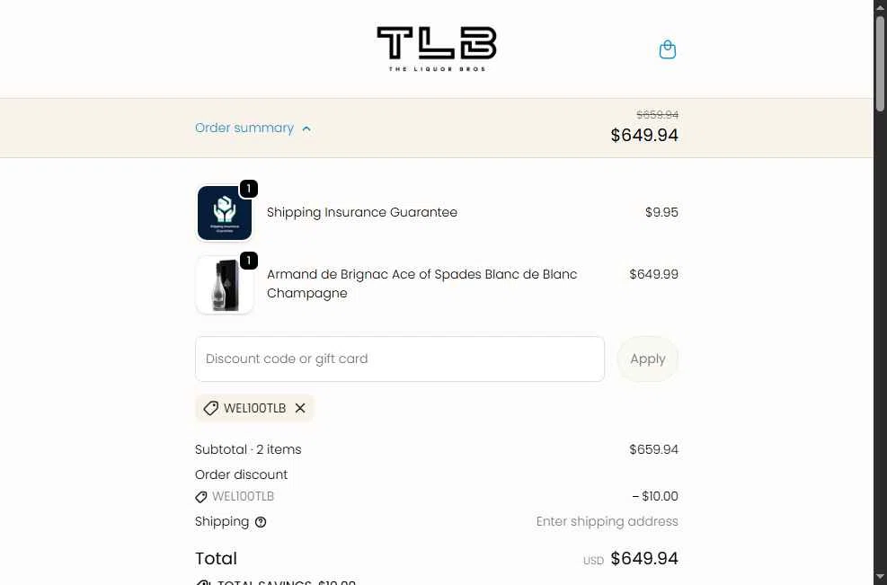 The Liquor Bros checkout page showing The Liquor Bros coupon code box | Screenshot taken by SimplyCodes community member on Dec 30, 2025
