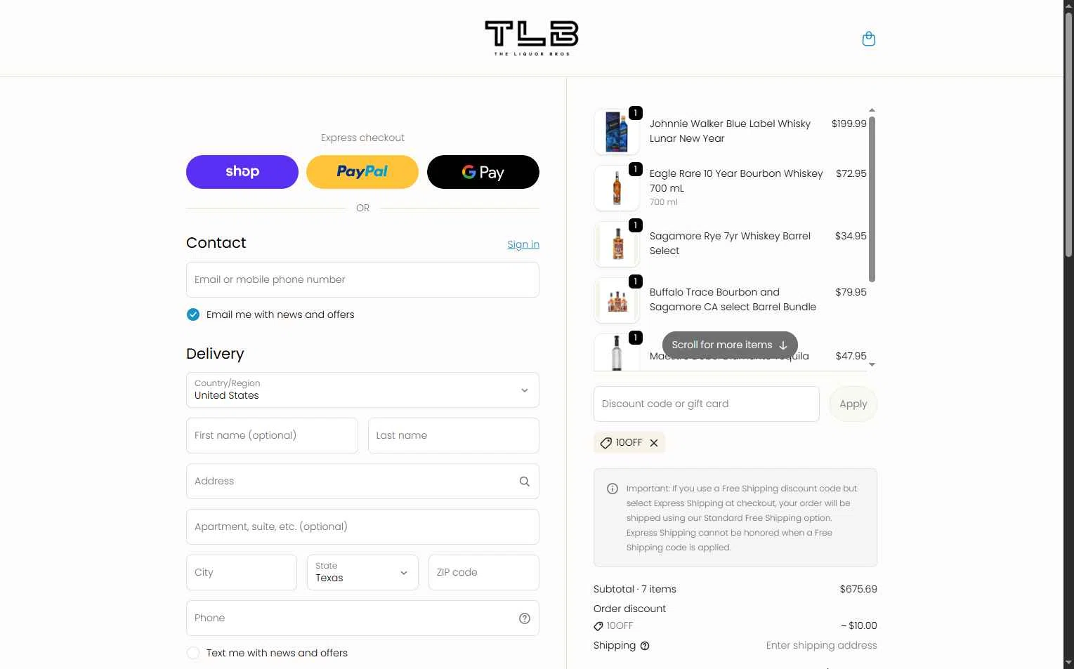 The Liquor Bros checkout page showing The Liquor Bros coupon code box | Screenshot taken by SimplyCodes community member on Jan 4, 2026