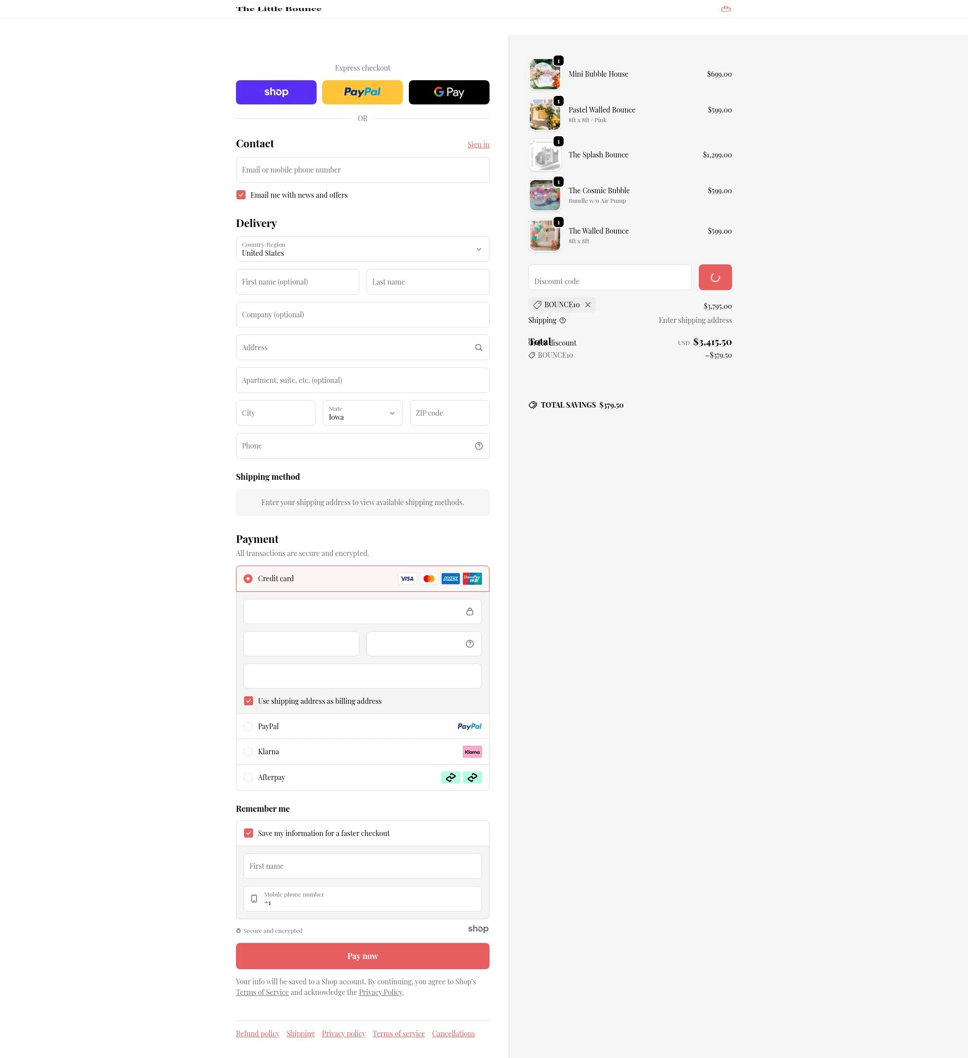 The Little Bounce checkout page showing The Little Bounce promo code box | Screenshot taken by SimplyCodes community member on Jan 3, 2026