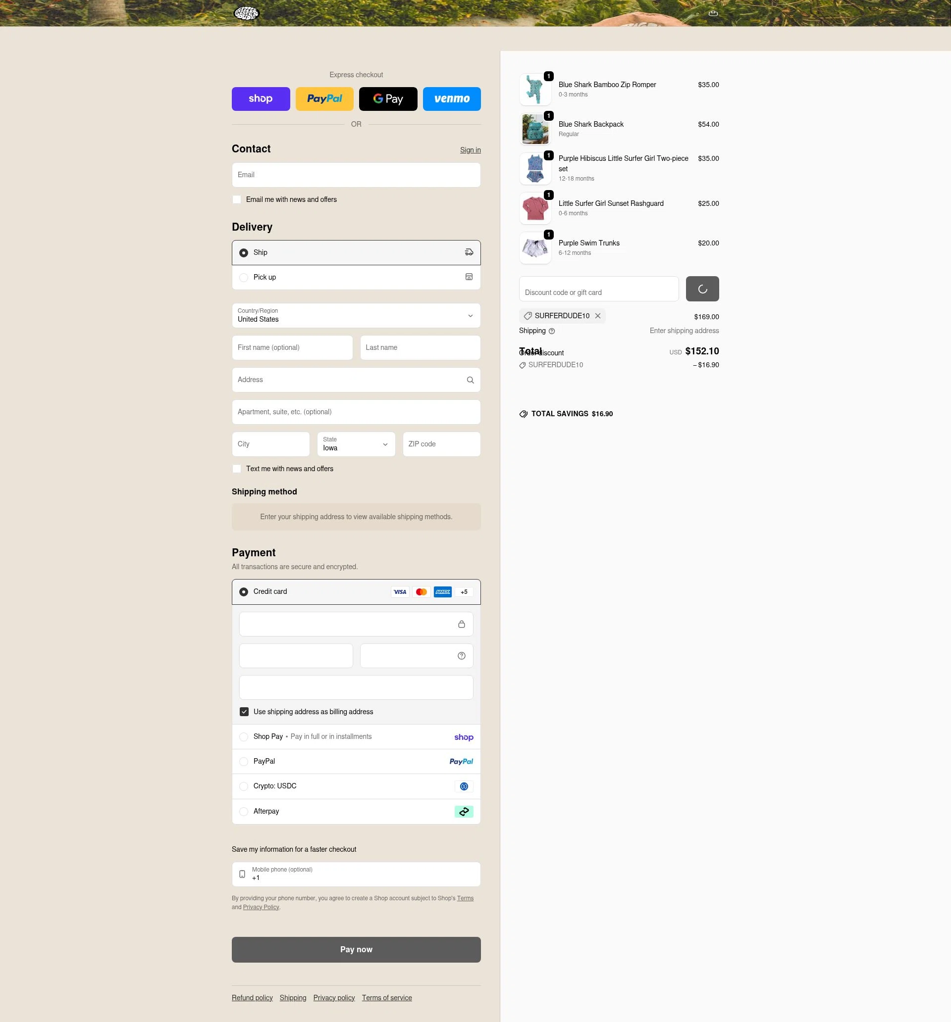 The Little Surfer Dude checkout page showing The Little Surfer Dude promo code box | Screenshot taken by SimplyCodes community member on Feb 17, 2026