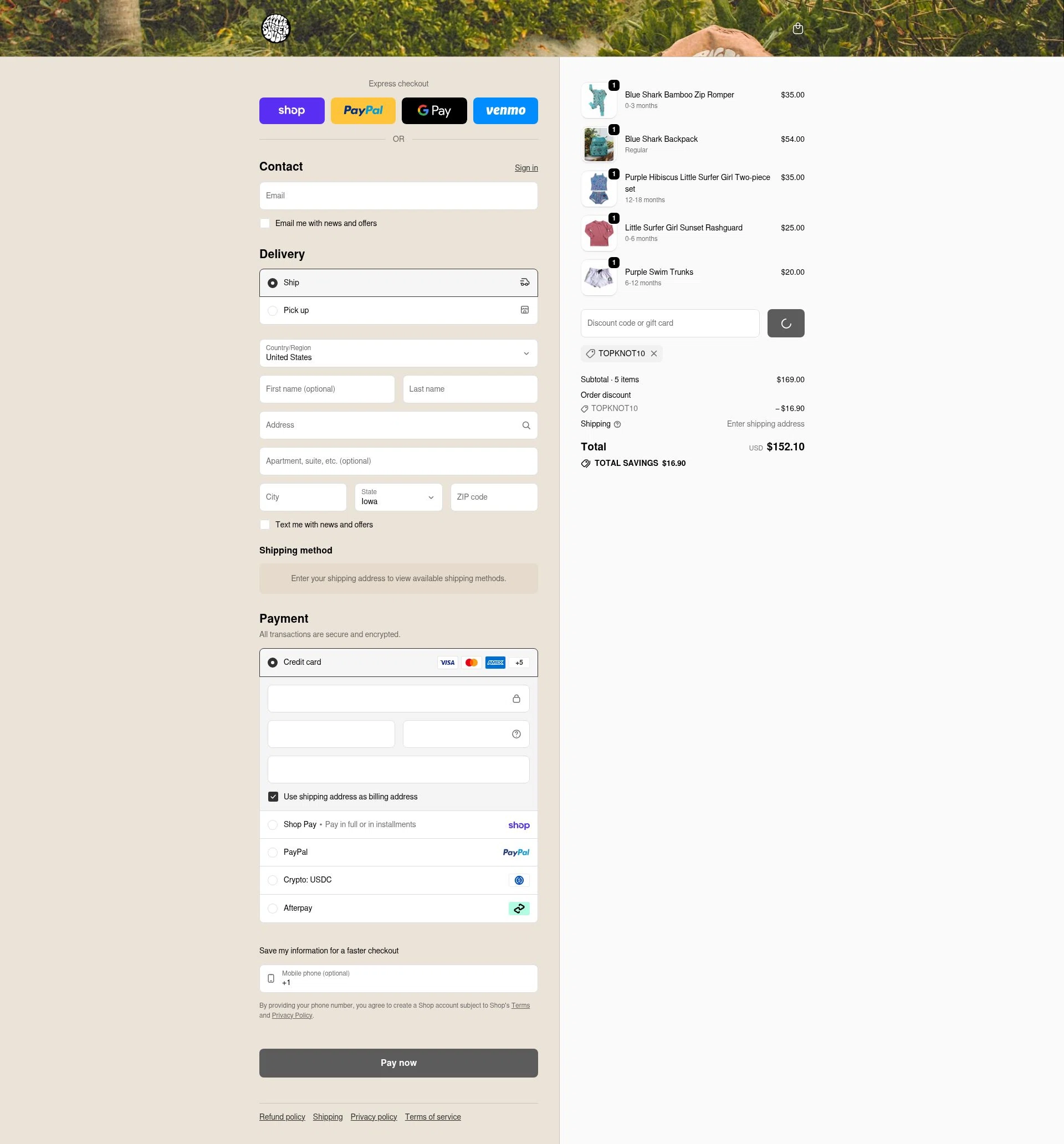 The Little Surfer Dude checkout page showing The Little Surfer Dude promo code box | Screenshot taken by SimplyCodes community member on Feb 13, 2026