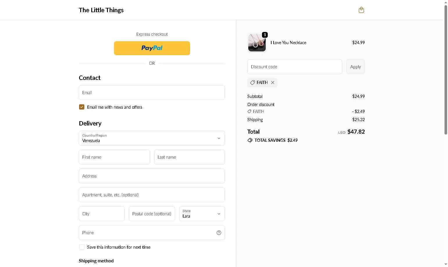 The Little Things checkout page showing The Little Things discount code box | Screenshot taken by SimplyCodes community member on Feb 9, 2026