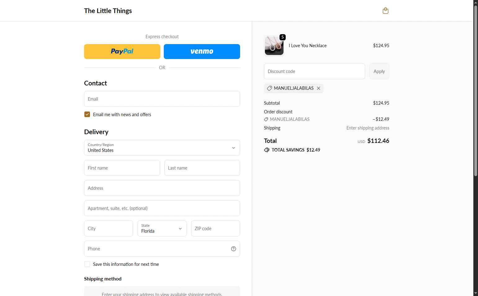 The Little Things checkout page showing The Little Things discount code box | Screenshot taken by SimplyCodes community member on Feb 12, 2026