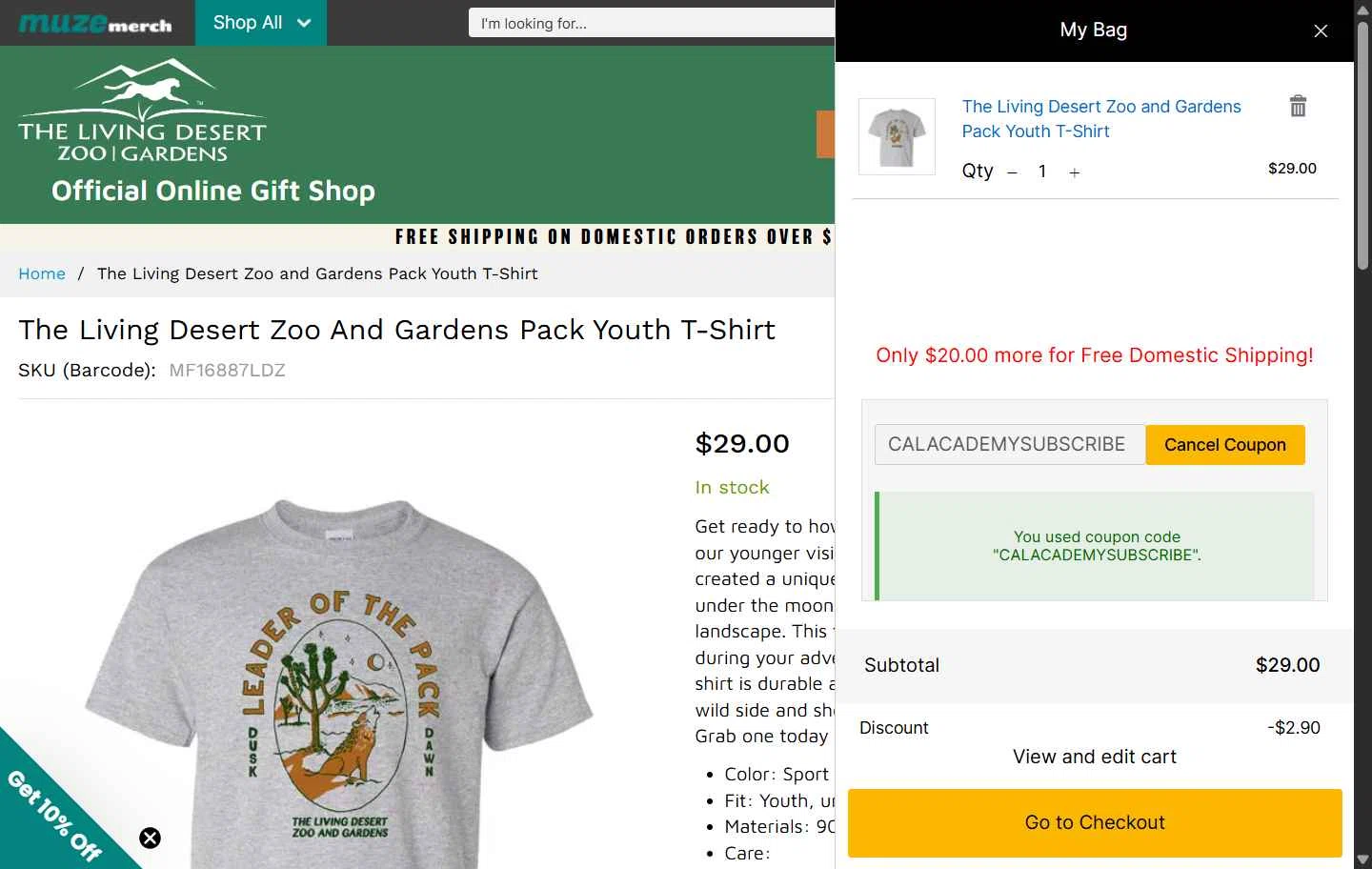 The Living Desert checkout page showing The Living Desert promo code box | Screenshot taken by SimplyCodes community member on Jan 10, 2026