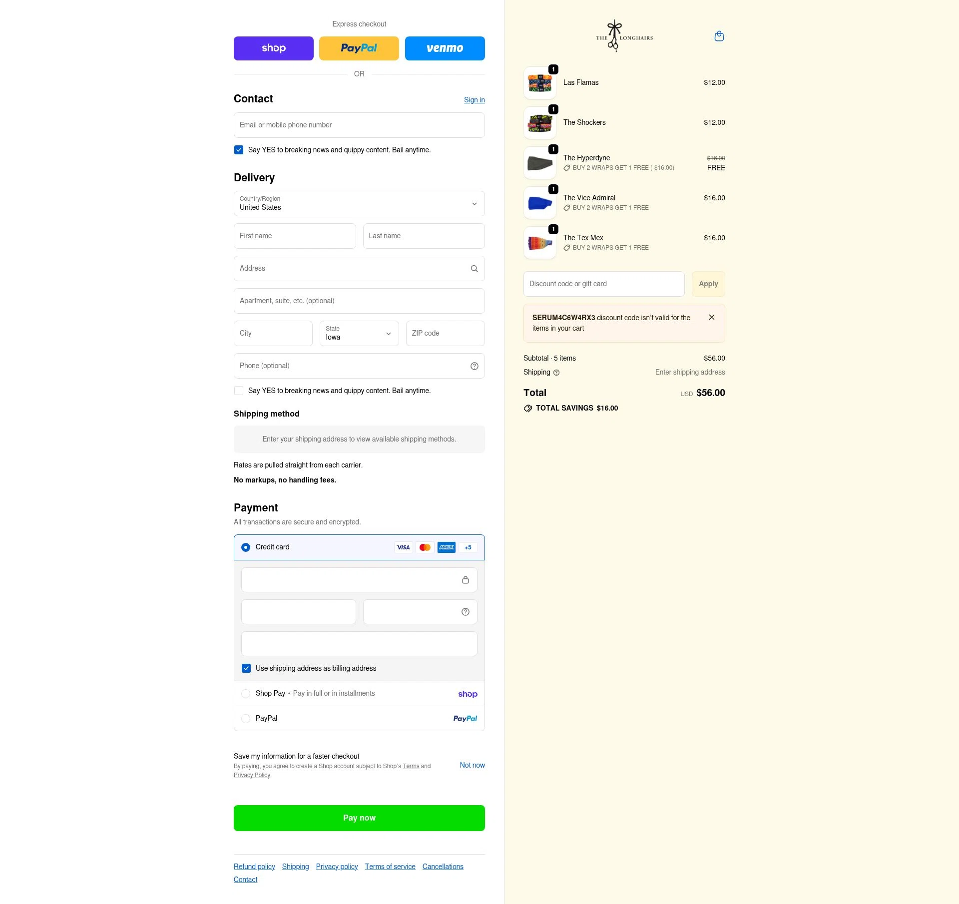 The Longhairs checkout page showing The Longhairs discount code box | Screenshot taken by SimplyCodes community member on Feb 16, 2026