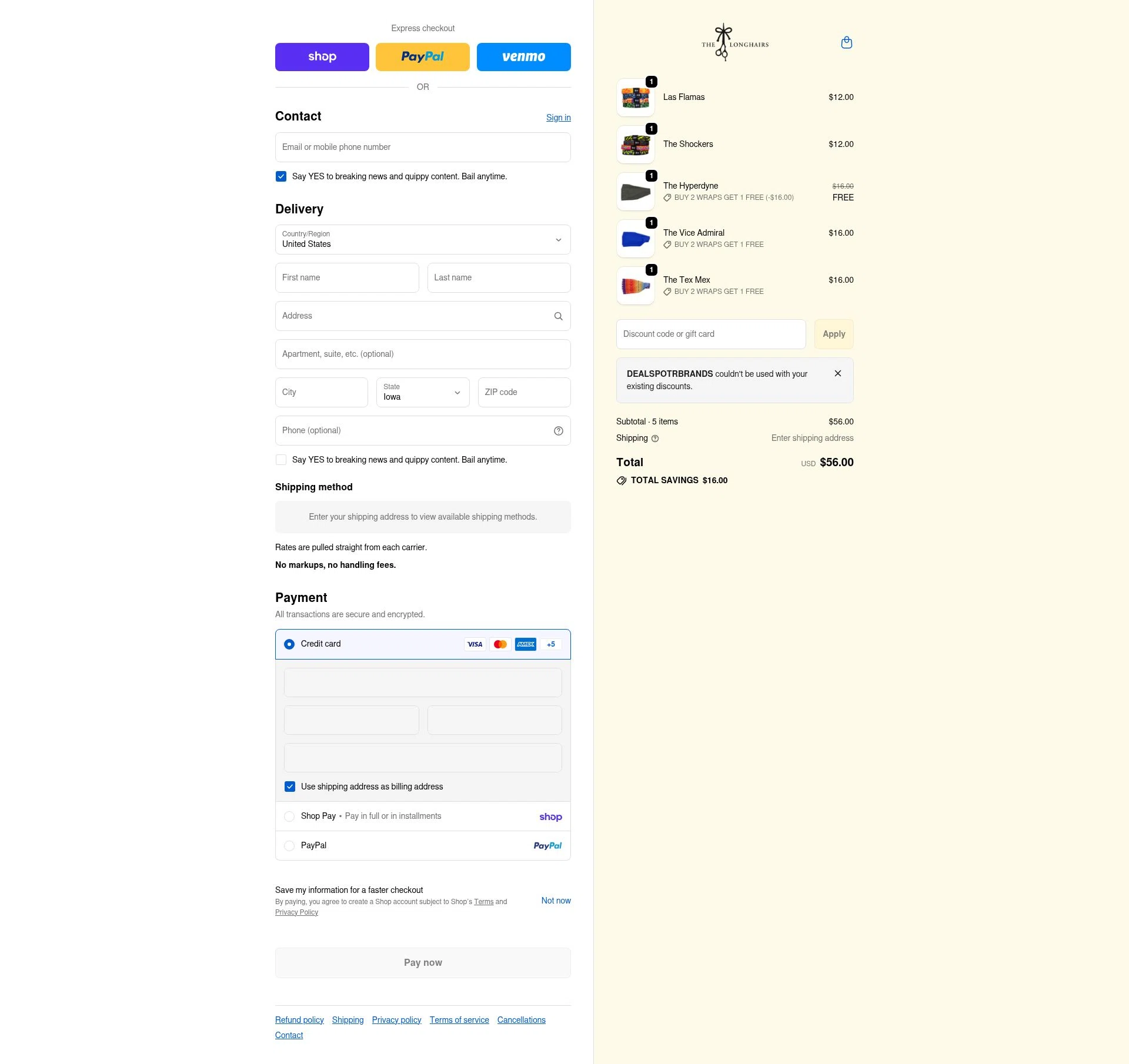 The Longhairs checkout page showing The Longhairs discount code box | Screenshot taken by SimplyCodes community member on Feb 16, 2026