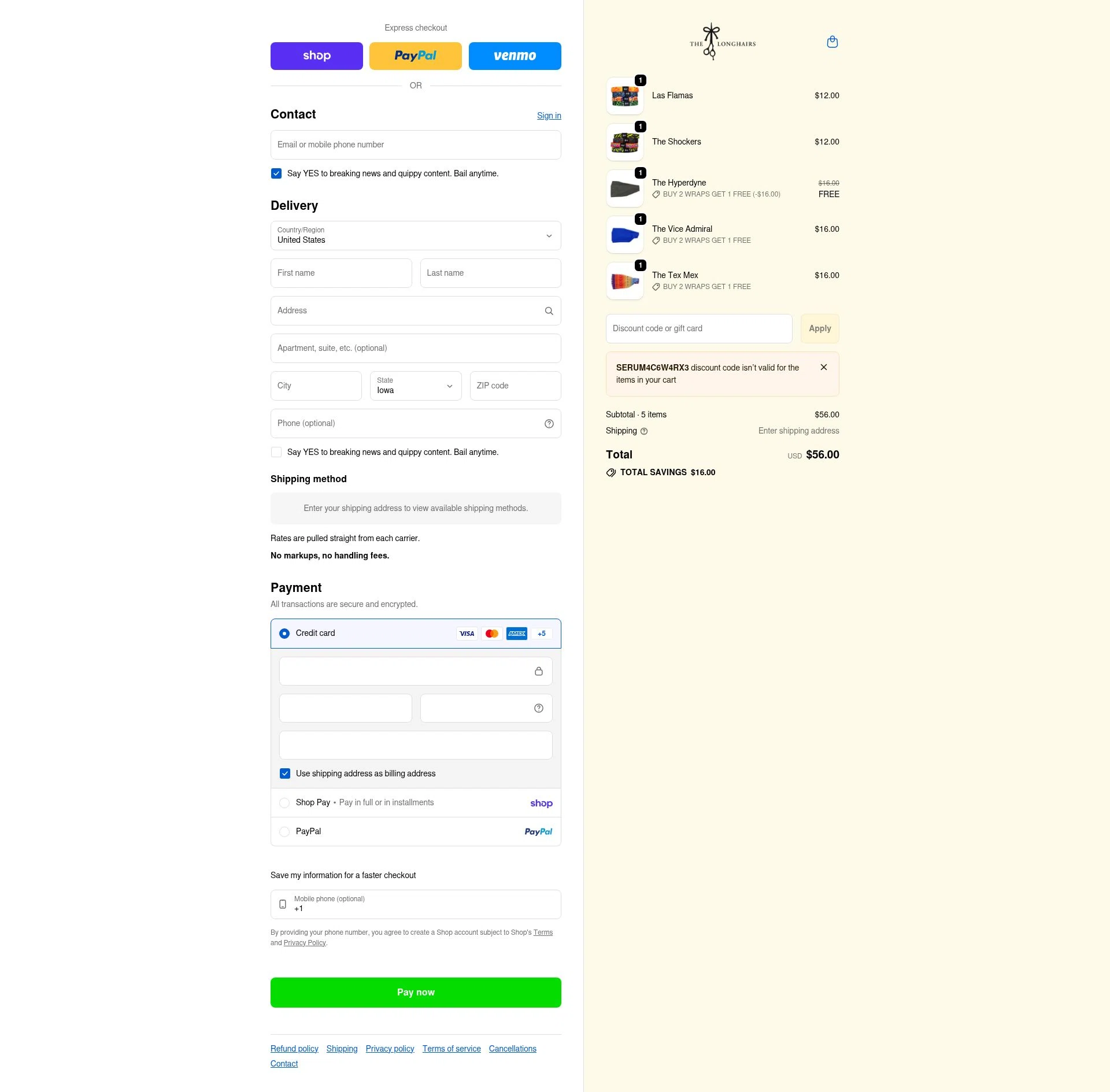The Longhairs checkout page showing The Longhairs discount code box | Screenshot taken by SimplyCodes community member on Feb 20, 2026