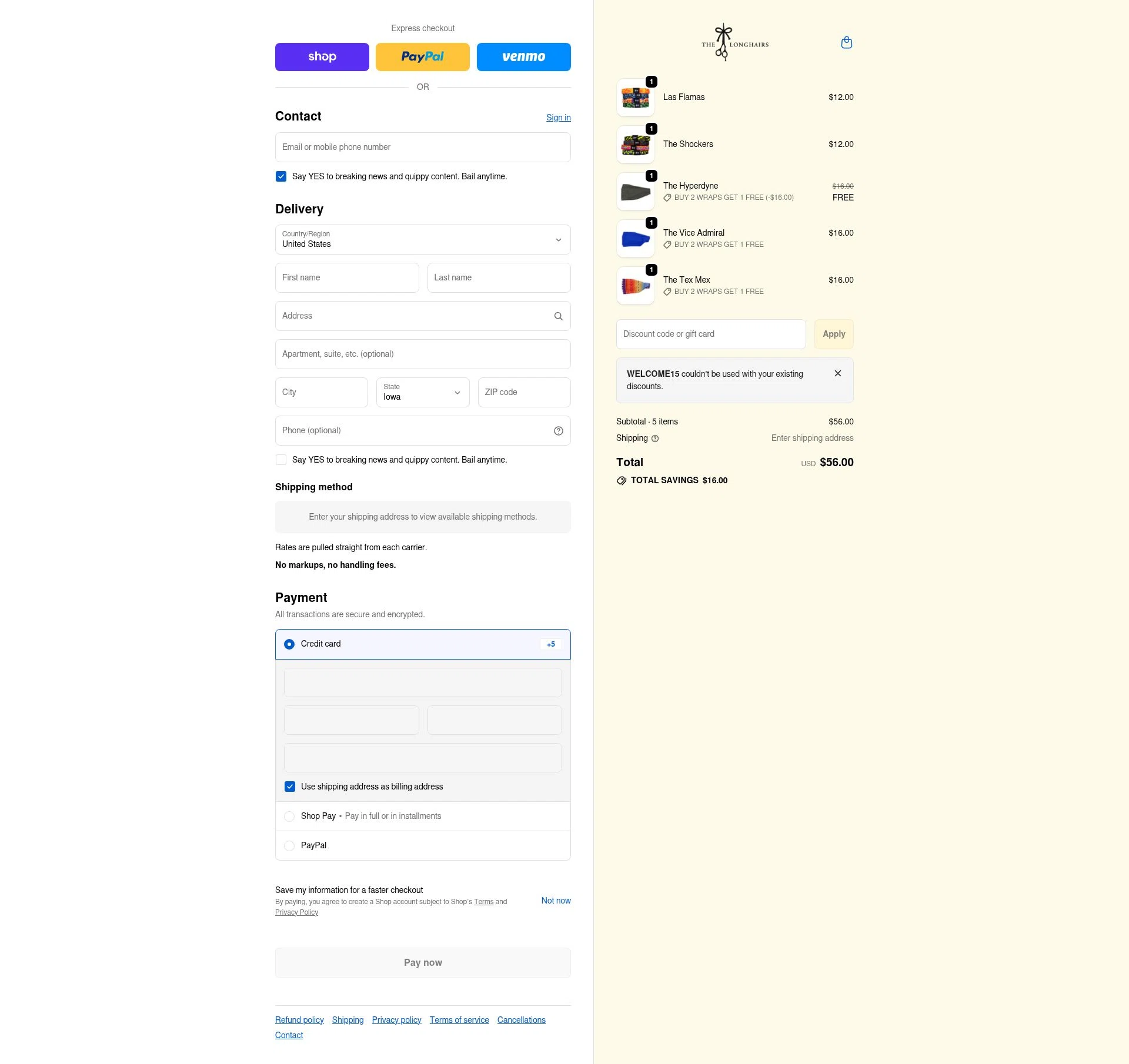 The Longhairs checkout page showing The Longhairs discount code box | Screenshot taken by SimplyCodes community member on Feb 16, 2026