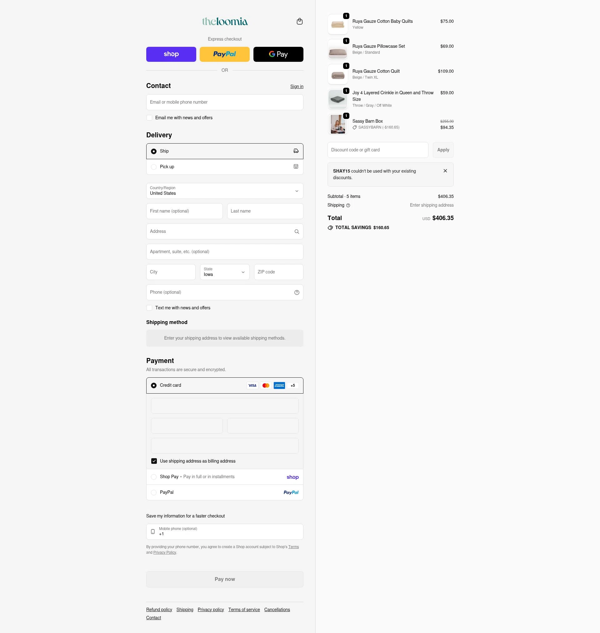 The Loomia checkout page showing The Loomia discount code box | Screenshot taken by SimplyCodes community member on Feb 5, 2026