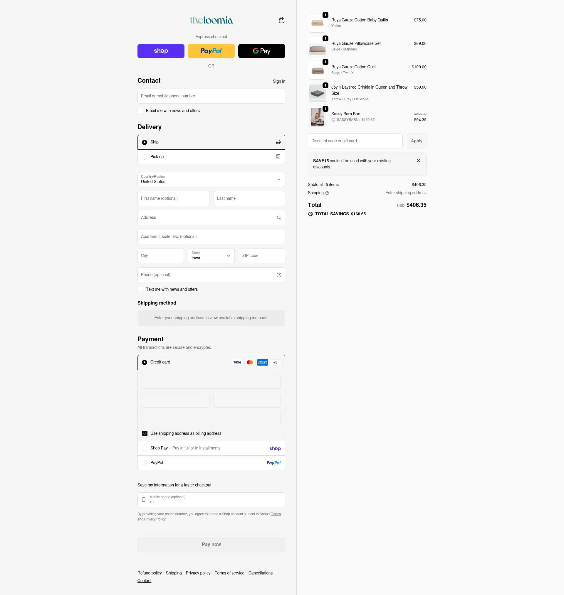 The Loomia checkout page showing The Loomia discount code box | Screenshot taken by SimplyCodes community member on Feb 5, 2026