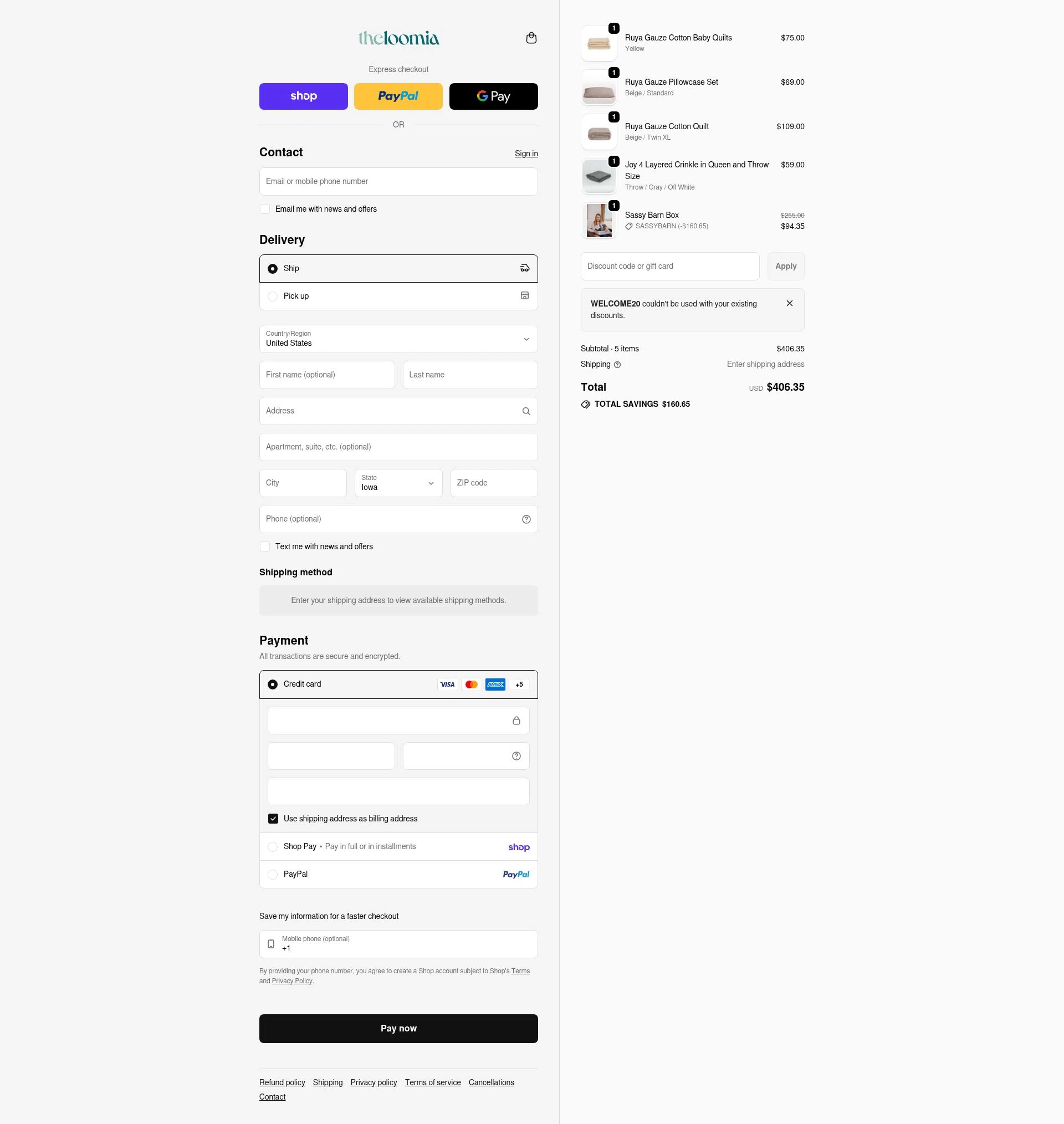 The Loomia checkout page showing The Loomia discount code box | Screenshot taken by SimplyCodes community member on Feb 5, 2026