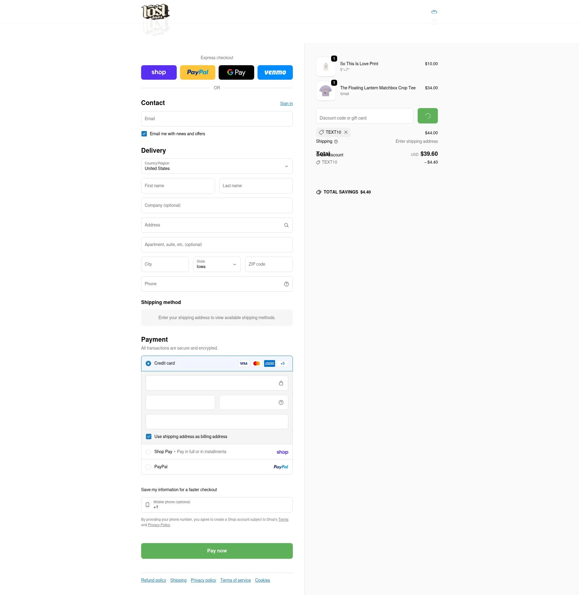 The Lost Bros checkout page showing The Lost Bros discount code box | Screenshot taken by SimplyCodes community member on Feb 12, 2026