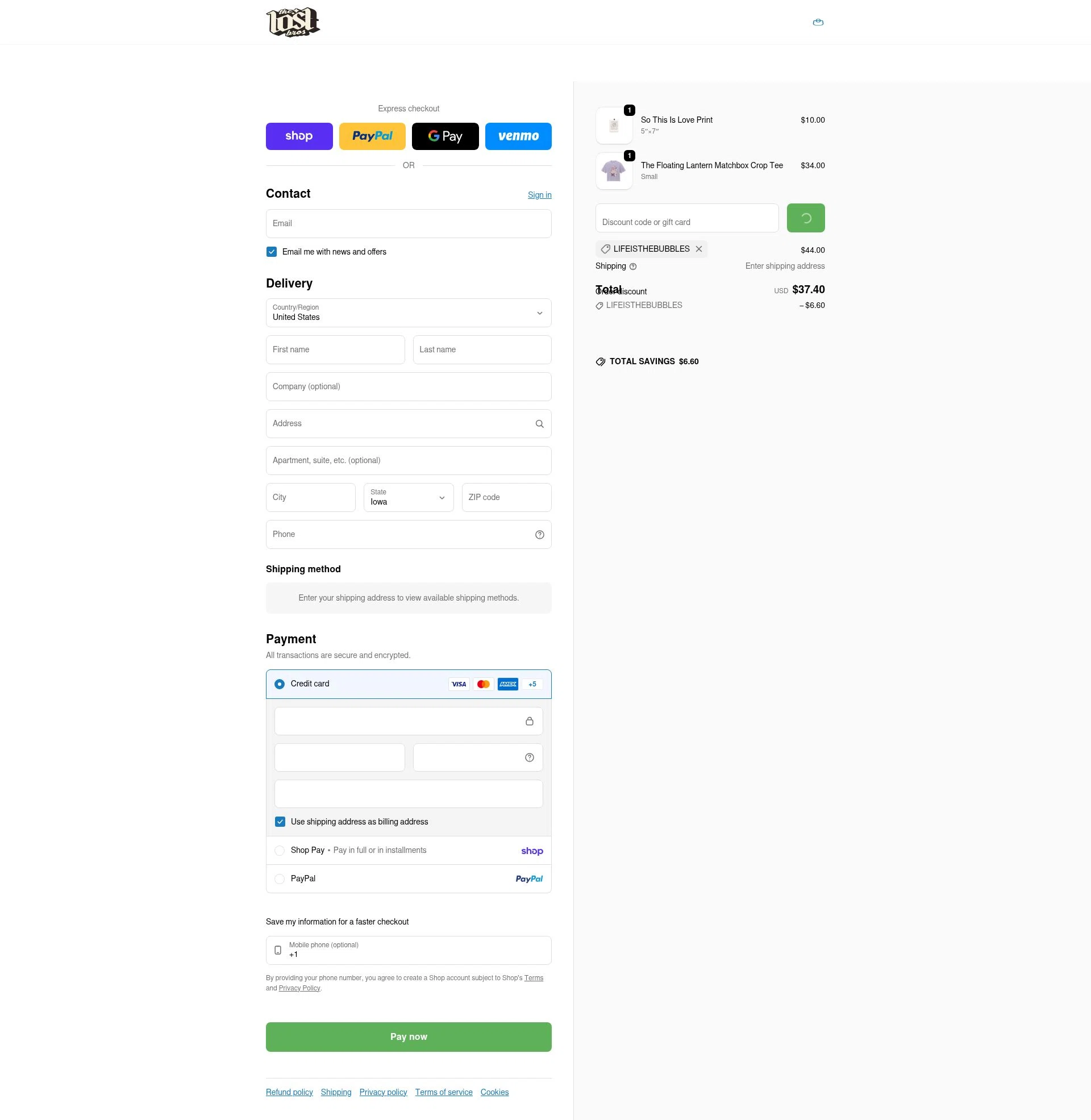 The Lost Bros checkout page showing The Lost Bros discount code box | Screenshot taken by SimplyCodes community member on Feb 12, 2026