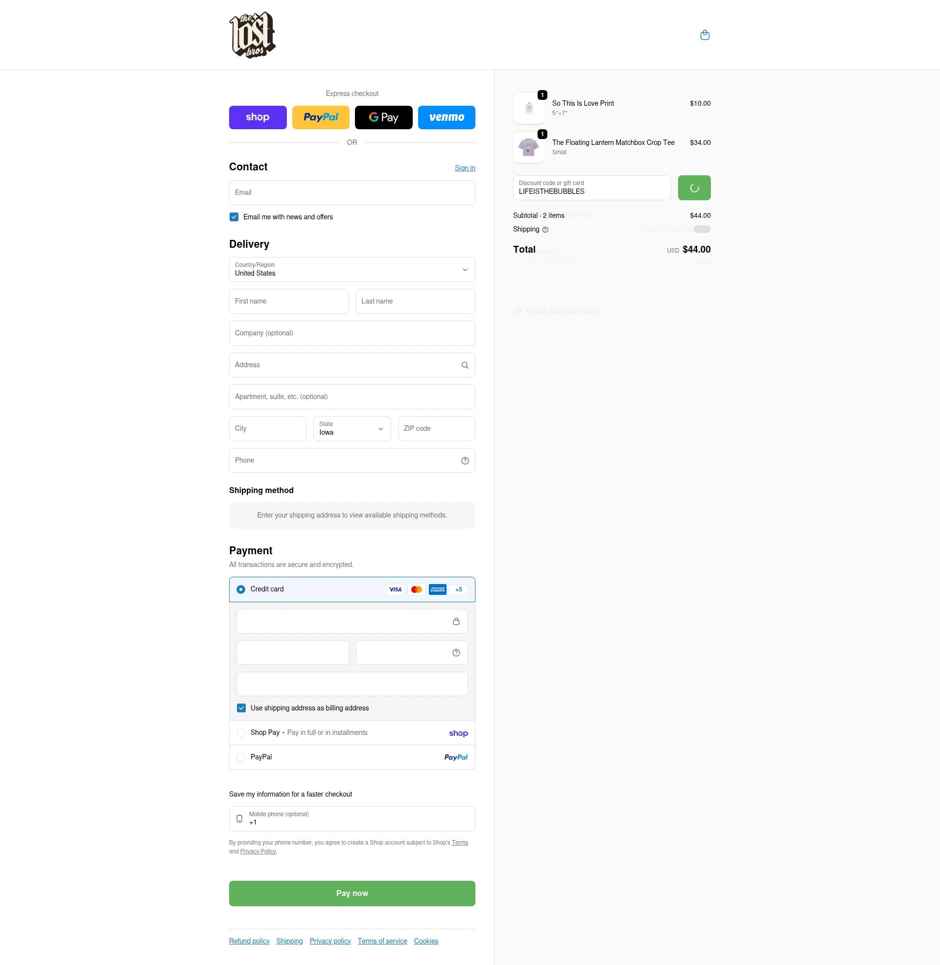 The Lost Bros checkout page showing The Lost Bros discount code box | Screenshot taken by SimplyCodes community member on Feb 16, 2026