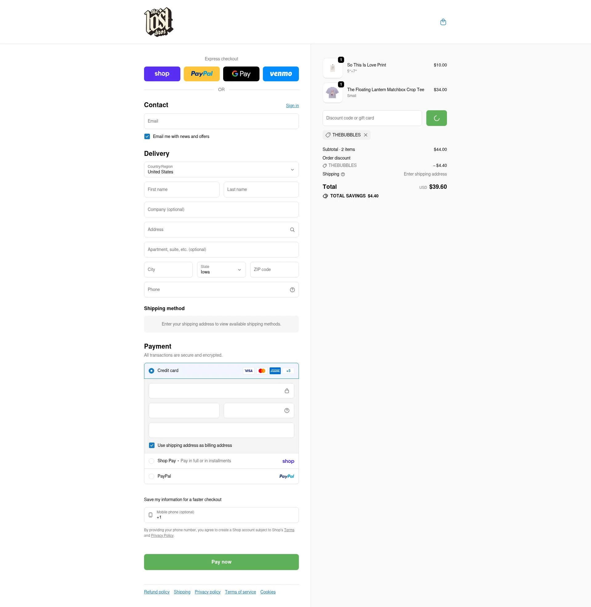 The Lost Bros checkout page showing The Lost Bros discount code box | Screenshot taken by SimplyCodes community member on Feb 16, 2026