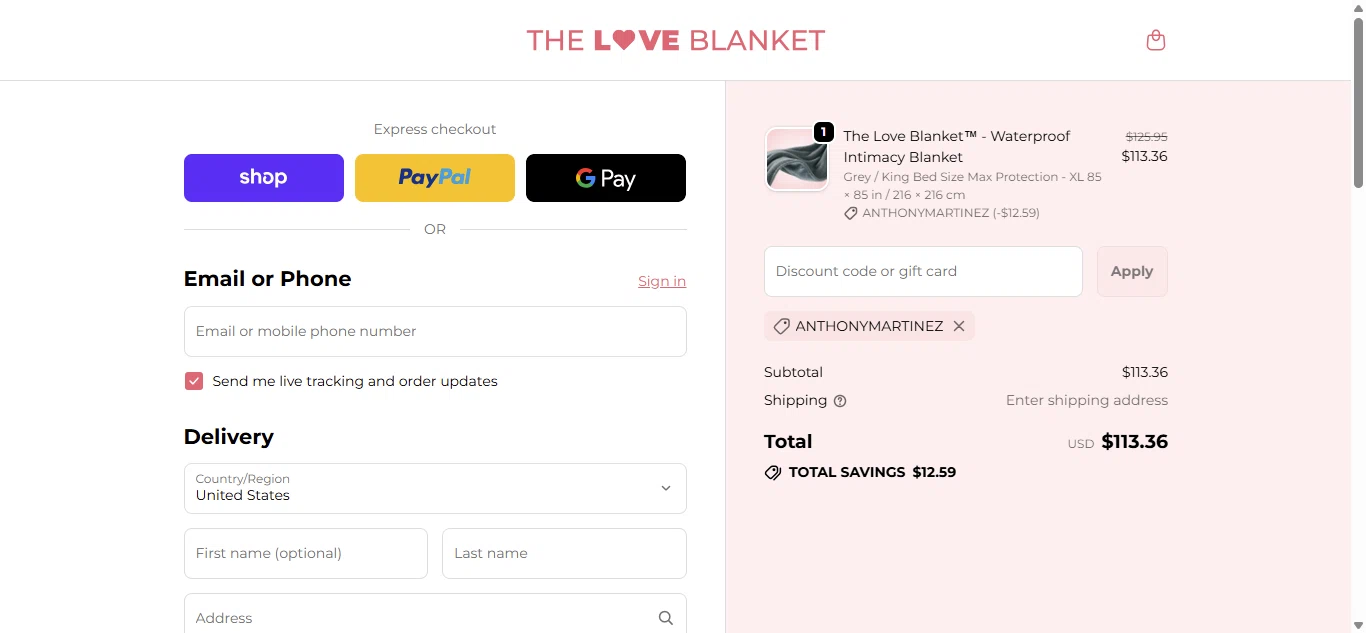 The Love Blanket promo code screenshot showing code ANTHONYMARTINEZ applied at The Love Blanket checkout page. Uploaded by SimplyCodes community member ThriftyChaser1206 on Jun 10, 2026