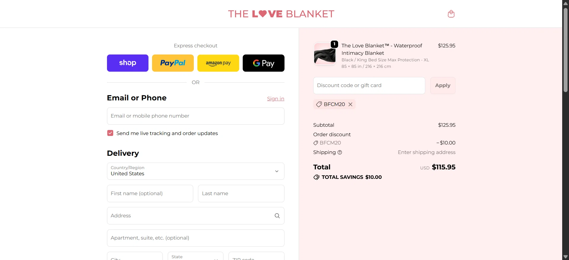 The Love Blanket promo code screenshot showing code BFCM20 applied at The Love Blanket checkout page. Uploaded by SimplyCodes community member ScanCaptain on Jun 15, 2026