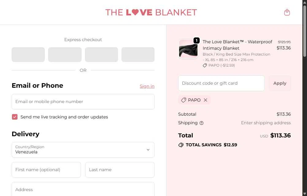The Love Blanket checkout page showing The Love Blanket discount code box | Screenshot taken by SimplyCodes community member on Feb 6, 2026