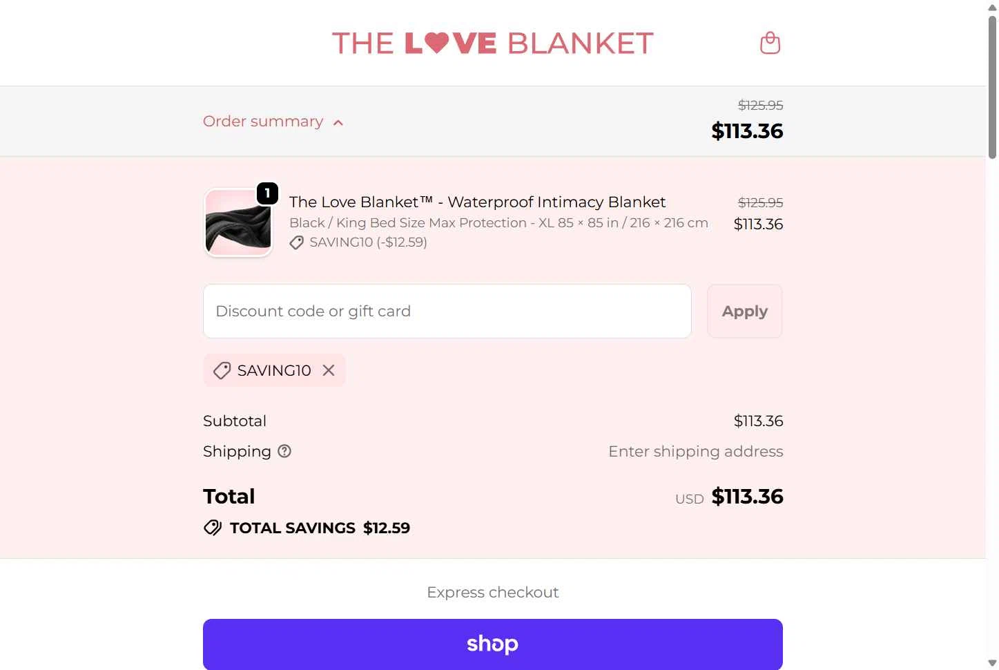 The Love Blanket checkout page showing The Love Blanket discount code box | Screenshot taken by SimplyCodes community member on Feb 7, 2026