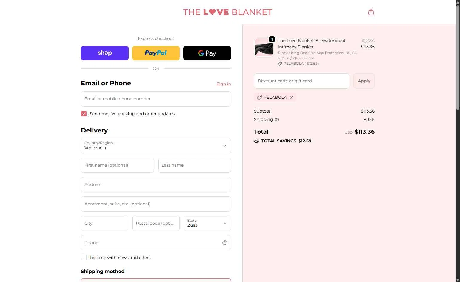 The Love Blanket checkout page showing The Love Blanket discount code box | Screenshot taken by SimplyCodes community member on Feb 6, 2026