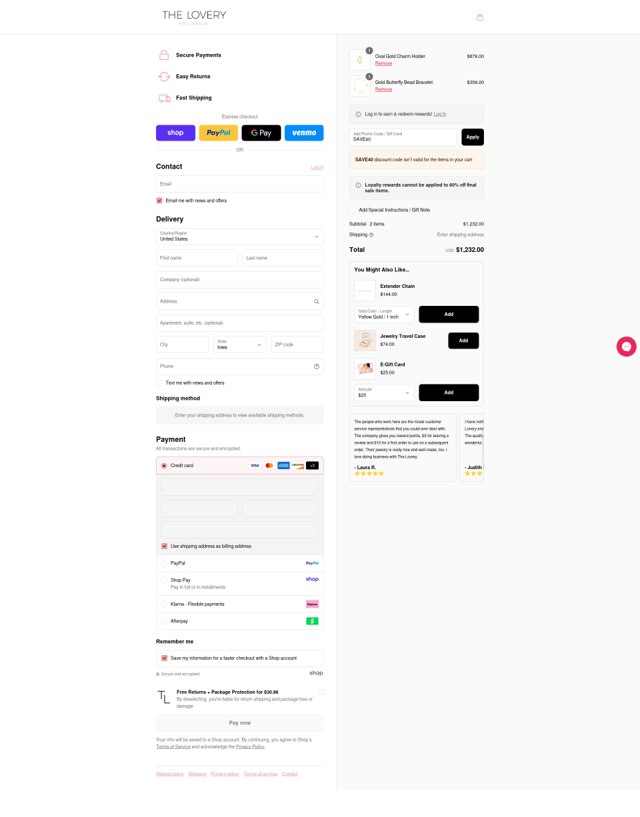 The Lovery checkout page showing The Lovery promo code box | Screenshot taken by SimplyCodes community member on Sep 3, 2025