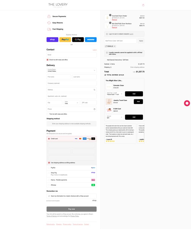 The Lovery checkout page showing The Lovery promo code box | Screenshot taken by SimplyCodes community member on Aug 29, 2025