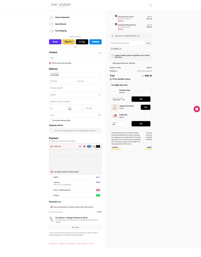 The Lovery checkout page showing The Lovery promo code box | Screenshot taken by SimplyCodes community member on Sep 3, 2025