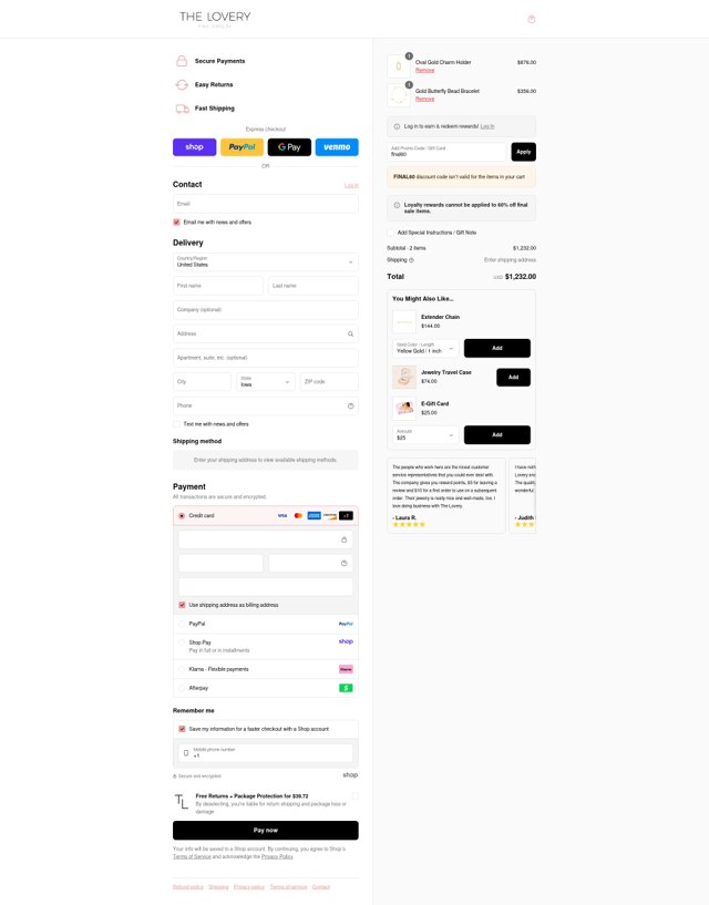 The Lovery checkout page showing The Lovery promo code box | Screenshot taken by SimplyCodes community member on Sep 3, 2025
