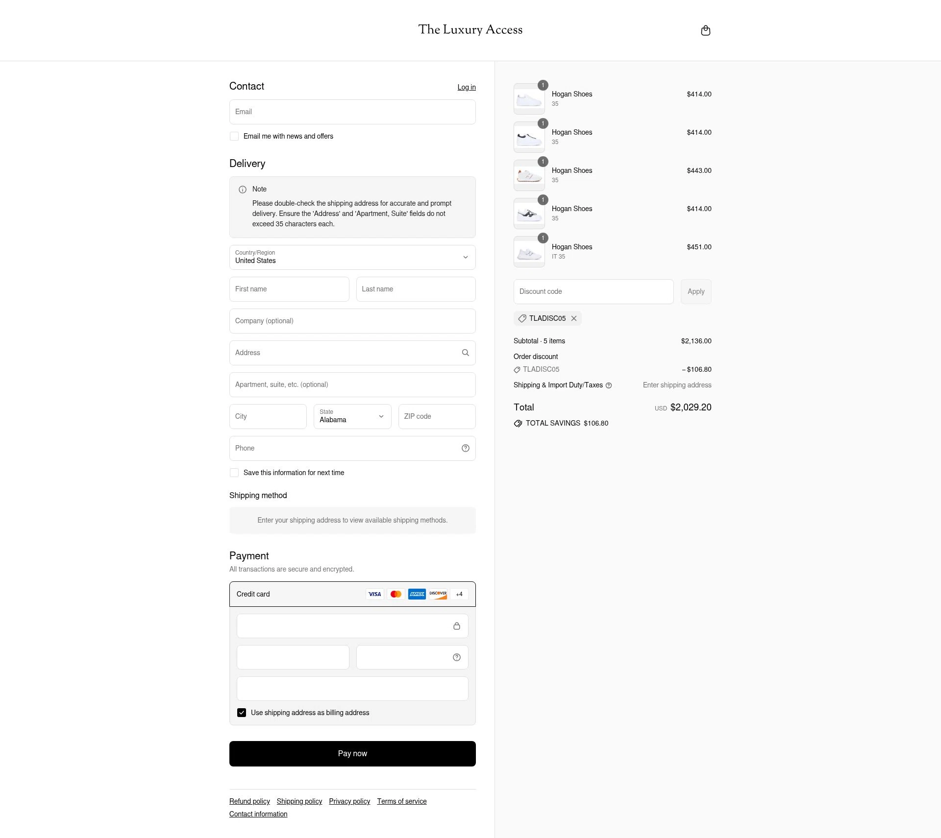The Luxury Access checkout page showing The Luxury Access promo code box | Screenshot taken by SimplyCodes community member on Jul 23, 2025